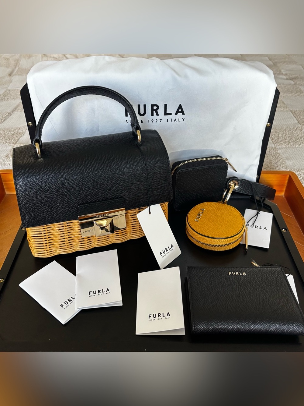Furla Black & Tan Woven Top-Handle Bag with keychain Coin Pouch & wallet
